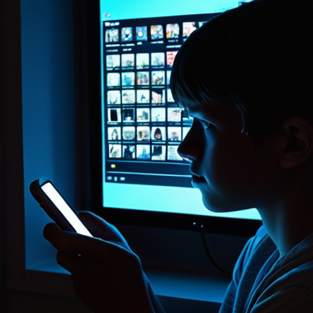 **Teenager Silhouetted by Social Media Glow:** A young person sits in a darkened room, face illuminated by the bright light of a phone or tablet displaying a social media feed. The expression is one of sadness or anxiety, reflecting the pressures of online validation. Overlaid on the image could be distorted reflections of idealized versions of themselves.