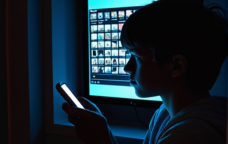 **Teenager Silhouetted by Social Media Glow:** A young person sits in a darkened room, face illuminated by the bright light of a phone or tablet displaying a social media feed. The expression is one of sadness or anxiety, reflecting the pressures of online validation. Overlaid on the image could be distorted reflections of idealized versions of themselves.