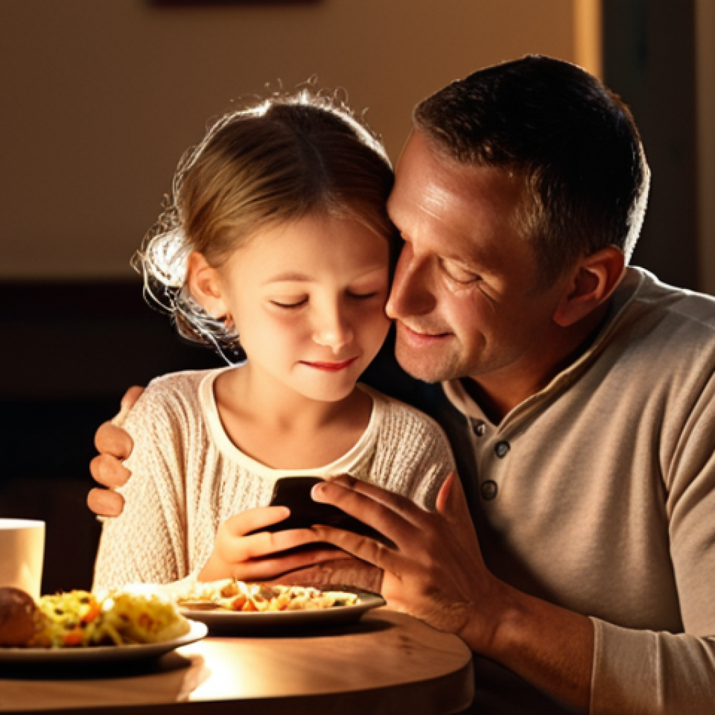 **A person embracing their child tightly at a dinner table, illuminated by warm, inviting light. Focus on the genuine emotion and connection, with blurred digital devices subtly placed in the background to represent the choice of presence over technology. A cozy, family-oriented scene.**