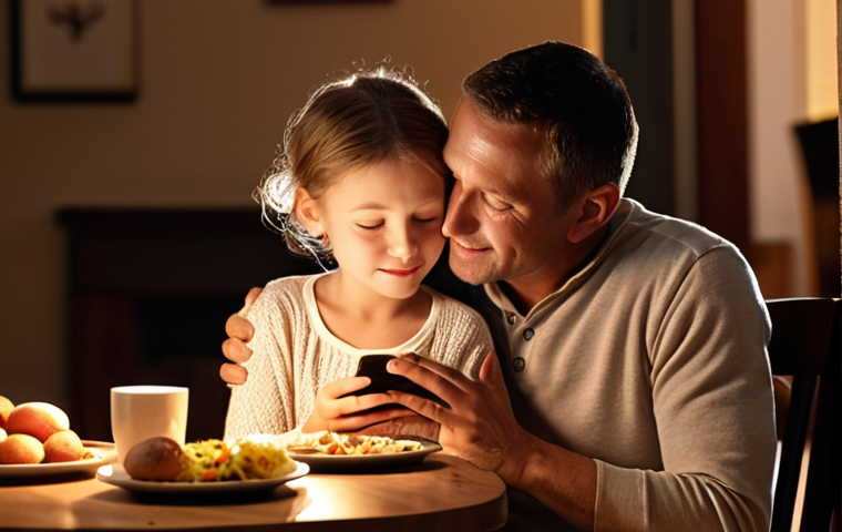 **A person embracing their child tightly at a dinner table, illuminated by warm, inviting light. Focus on the genuine emotion and connection, with blurred digital devices subtly placed in the background to represent the choice of presence over technology. A cozy, family-oriented scene.**
