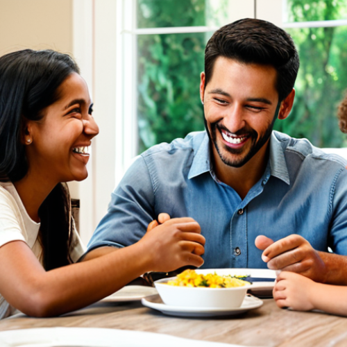 Home 28 A diverse family, including parents and two children, fully clothed in modest, comfortable attire, seated around a beautifully set dining table at home. They are actively engaged in lively conversation, laughing and making eye contact, with no electronic devices visible. The scene is bathed in warm, natural light, emphasizing genuine connection and present interaction. The focus is on their faces and gestures, showing clear, positive emotions. This image represents a safe for work, appropriate content, family-friendly environment with perfect anatomy, correct proportions, well-formed hands, proper finger count, and natural body proportions, captured with professional photography and high quality.