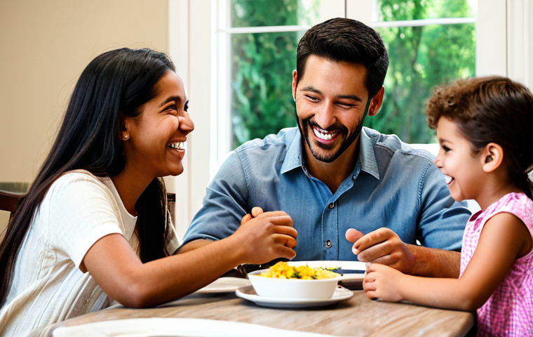 A diverse family, including parents and two children, fully clothed in modest, comfortable attire, seated around a beautifully set dining table at home. They are actively engaged in lively conversation, laughing and making eye contact, with no electronic devices visible. The scene is bathed in warm, natural light, emphasizing genuine connection and present interaction. The focus is on their faces and gestures, showing clear, positive emotions. This image represents a safe for work, appropriate content, family-friendly environment with perfect anatomy, correct proportions, well-formed hands, proper finger count, and natural body proportions, captured with professional photography and high quality.