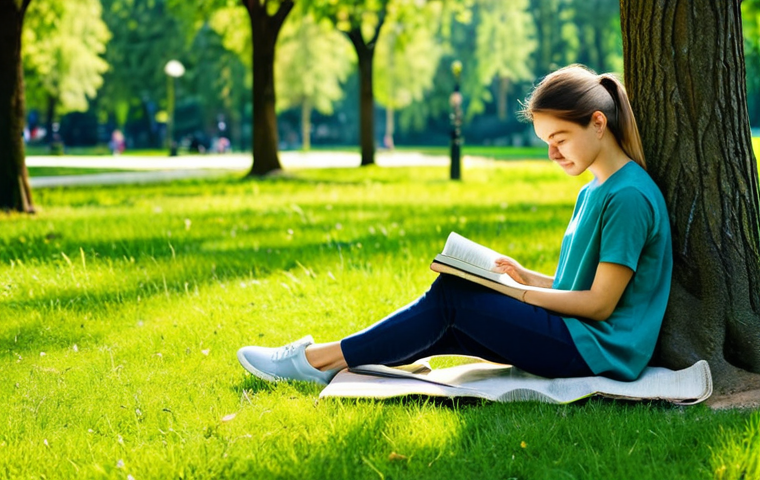 **

"A serene woman reading a physical book in a sunlit park, surrounded by green trees and nature, fully clothed in comfortable clothing, appropriate attire, safe for work, perfect anatomy, natural proportions, professional photography, high quality. She has put her smartphone down, out of view. Emphasize a sense of peace and calm, modest setting, family-friendly."

**