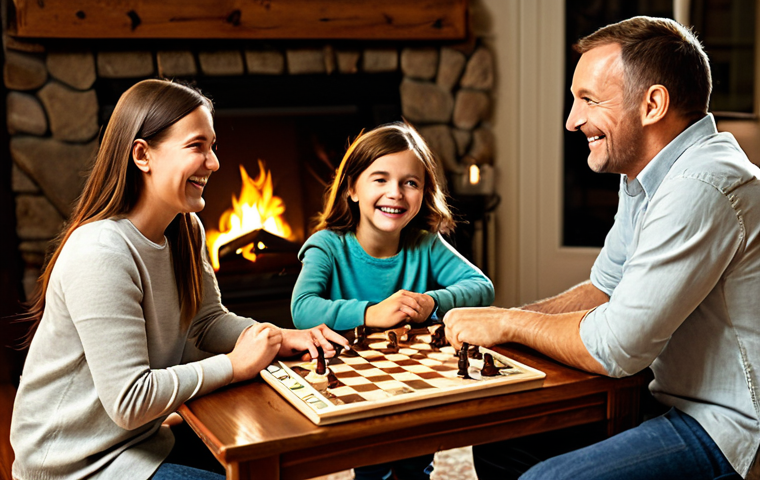 Family Game Night**

"A family of four (parents and two children) sitting around a wooden table, playing a board game. The scene is warmly lit, with a fireplace in the background. All family members are smiling and engaged. No visible screens. Fully clothed, modest attire, safe for work, perfect anatomy, natural proportions, family-friendly, warm lighting, cozy atmosphere, professional photography."

**