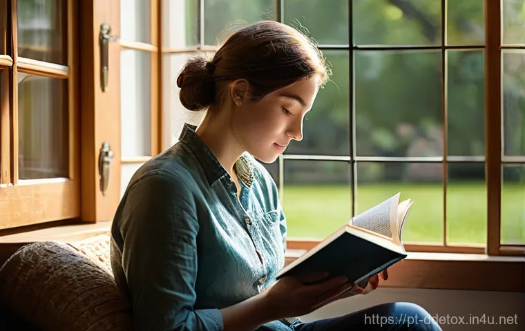 디지털디톡스와 직장 내 디지털 디톡스 - **"A tranquil scene of an adult person enjoying a moment of quiet reflection, sitting by a sunlit wi...