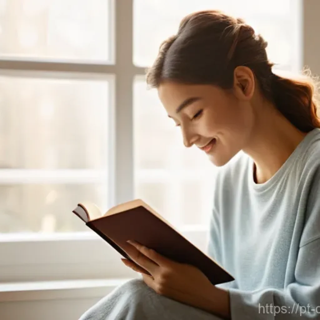 디지털디톡스와 삶의 균형 잡기 - **Prompt:** A serene young woman, mid-20s, in comfortable, modest loungewear, sitting by a large win...