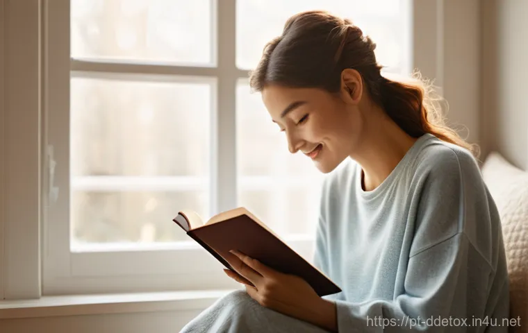 디지털디톡스와 삶의 균형 잡기 - **Prompt:** A serene young woman, mid-20s, in comfortable, modest loungewear, sitting by a large win...