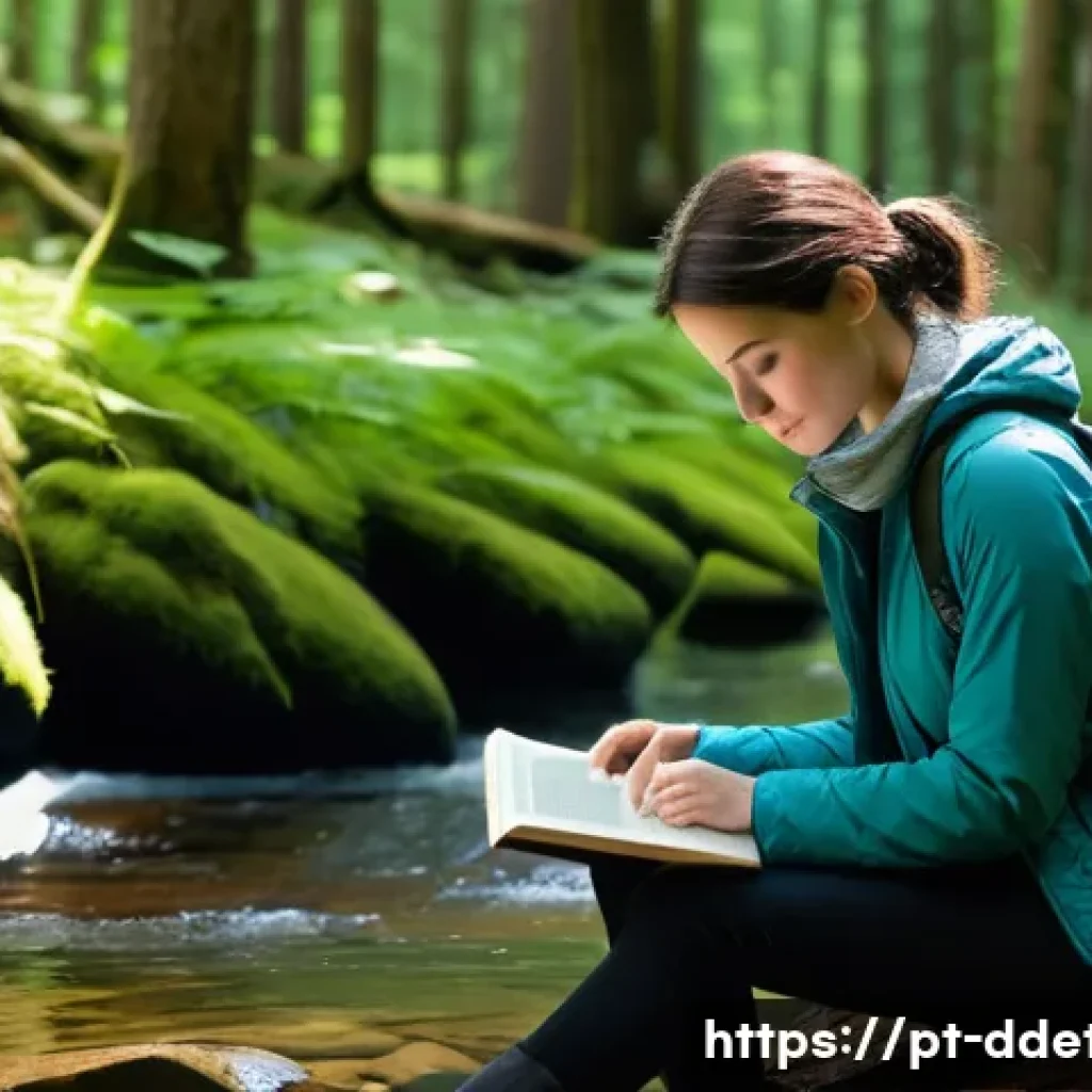 디지털디톡스와 마음의 평화 - **Prompt:** A tranquil scene depicting an adult, perhaps a woman in comfortable, casual outdoor wear...