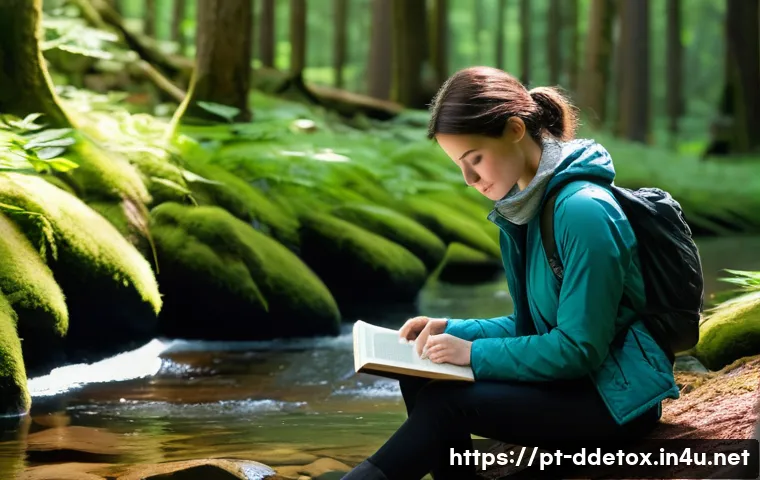 디지털디톡스와 마음의 평화 - **Prompt:** A tranquil scene depicting an adult, perhaps a woman in comfortable, casual outdoor wear...