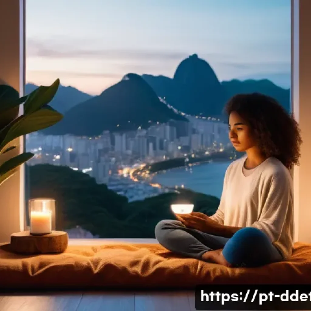 디지털디톡스 명상법 - A serene indoor scene featuring a cozy meditation corner in a modern Brazilian apartment, softly lit...