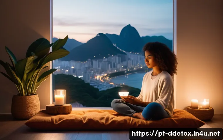 디지털디톡스 명상법 - A serene indoor scene featuring a cozy meditation corner in a modern Brazilian apartment, softly lit...