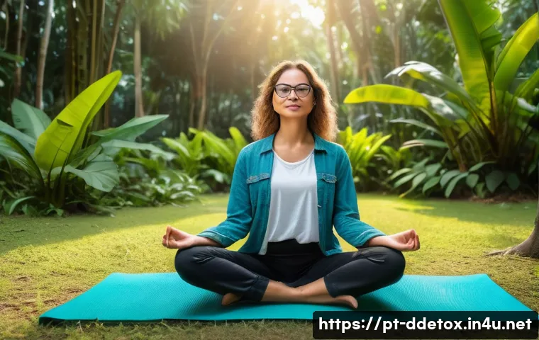 디지털디톡스와 마음의 여유 찾기 - A peaceful morning scene of a young adult woman practicing mindful meditation outdoors in a lush Bra...