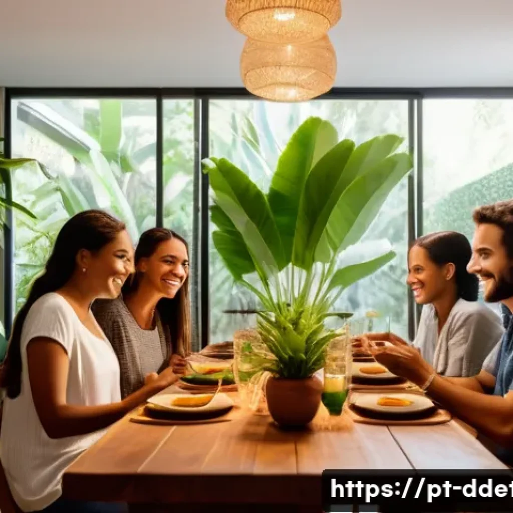 디지털디톡스와 정신적 치유 - A cozy, modern Brazilian living room during dinner time, family members of diverse ages sitting arou...