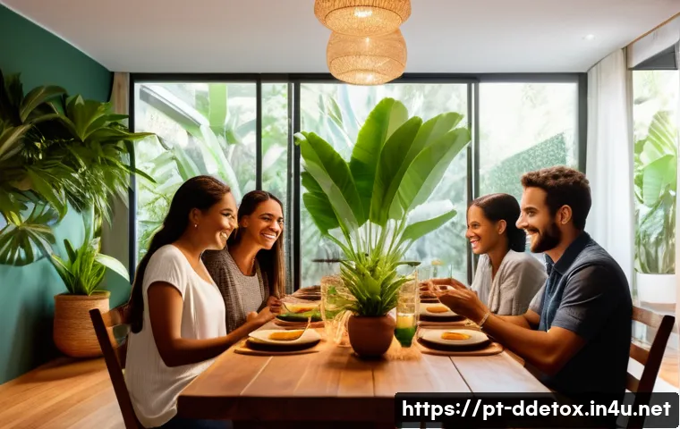 디지털디톡스와 정신적 치유 - A cozy, modern Brazilian living room during dinner time, family members of diverse ages sitting arou...