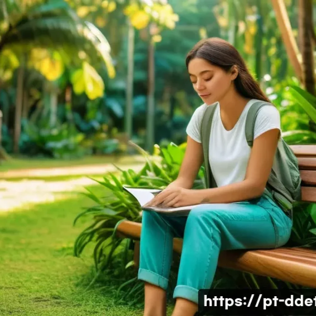 디지털디톡스와 창의성 증진 - A peaceful outdoor scene in a lush green park in Brazil during late afternoon, featuring a young adu...