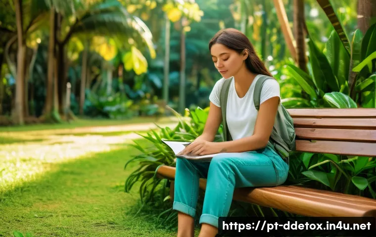 디지털디톡스와 창의성 증진 - A peaceful outdoor scene in a lush green park in Brazil during late afternoon, featuring a young adu...