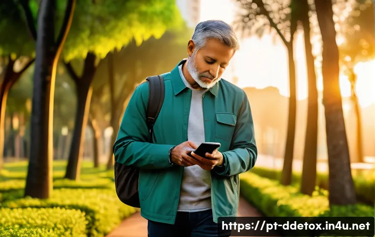 디지털디톡스와 일기 쓰기 - A peaceful morning scene in a Brazilian urban park during sunrise, featuring a middle-aged person ta...