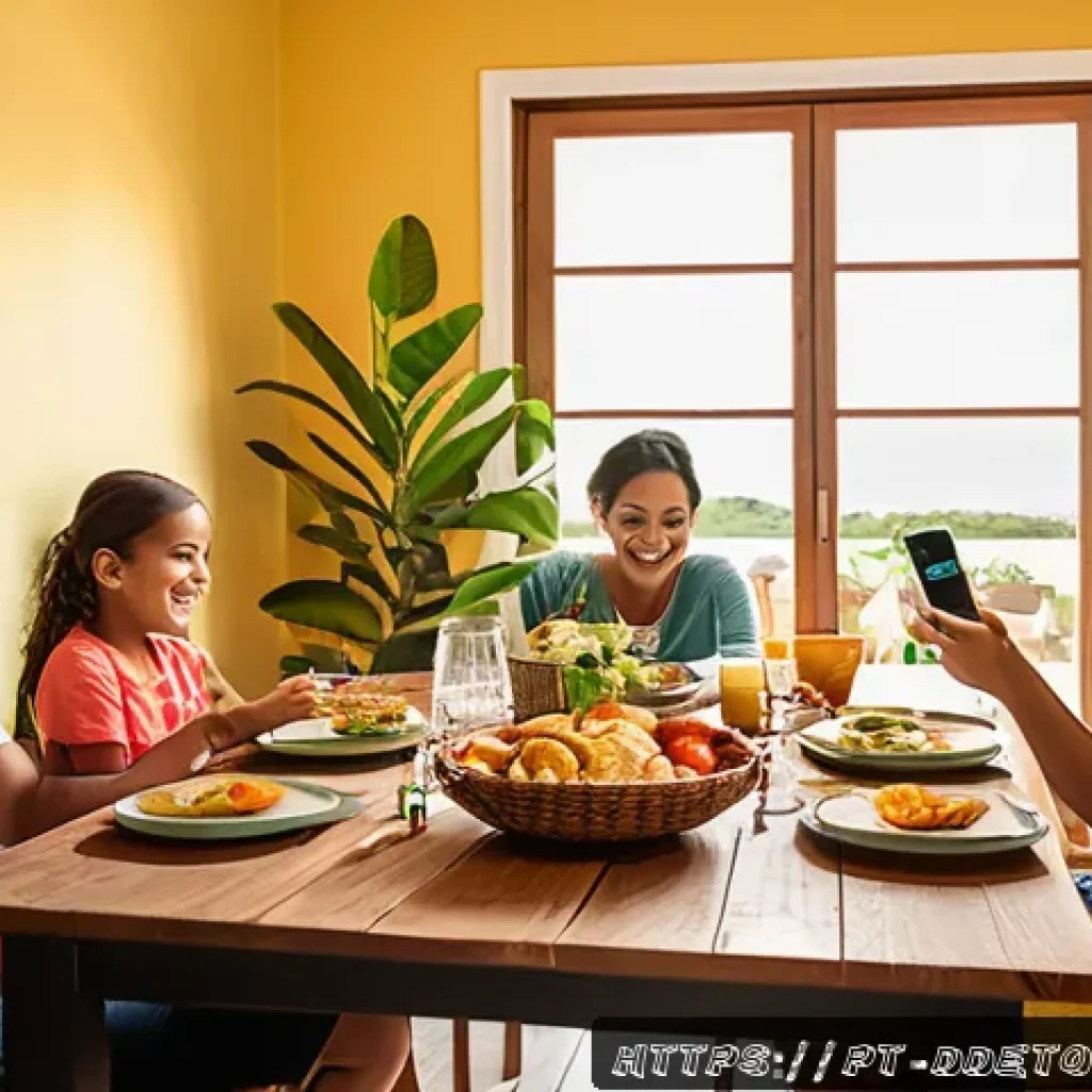 디지털디톡스와 사회적 관계 개선 - A warm, cozy family dinner scene in a modern Brazilian home, with a diverse family of four sitting a...