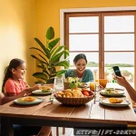 디지털디톡스와 사회적 관계 개선 - A warm, cozy family dinner scene in a modern Brazilian home, with a diverse family of four sitting a...