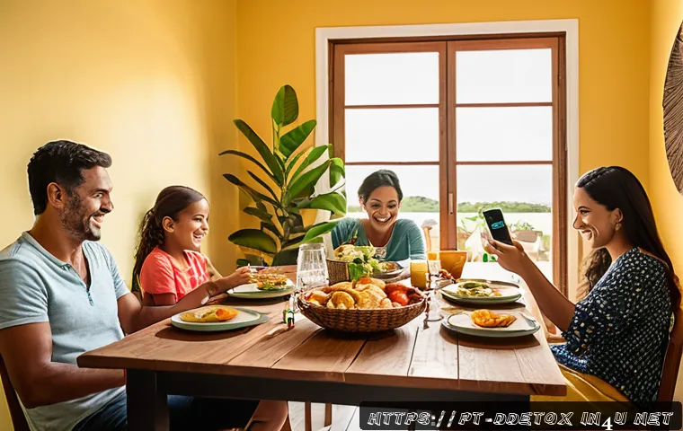디지털디톡스와 사회적 관계 개선 - A warm, cozy family dinner scene in a modern Brazilian home, with a diverse family of four sitting a...