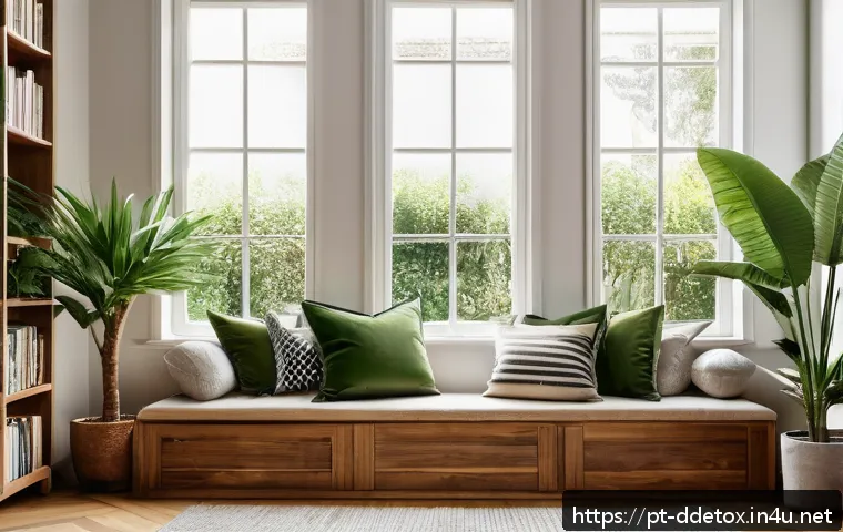 디지털디톡스와 오프라인 생활 즐기기 - A serene indoor living room scene bathed in natural sunlight streaming through large windows, featur...