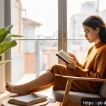 디지털디톡스와 디지털 사용자의 문제 - A cozy indoor scene showing a young adult woman sitting peacefully on a comfortable armchair near a ...
