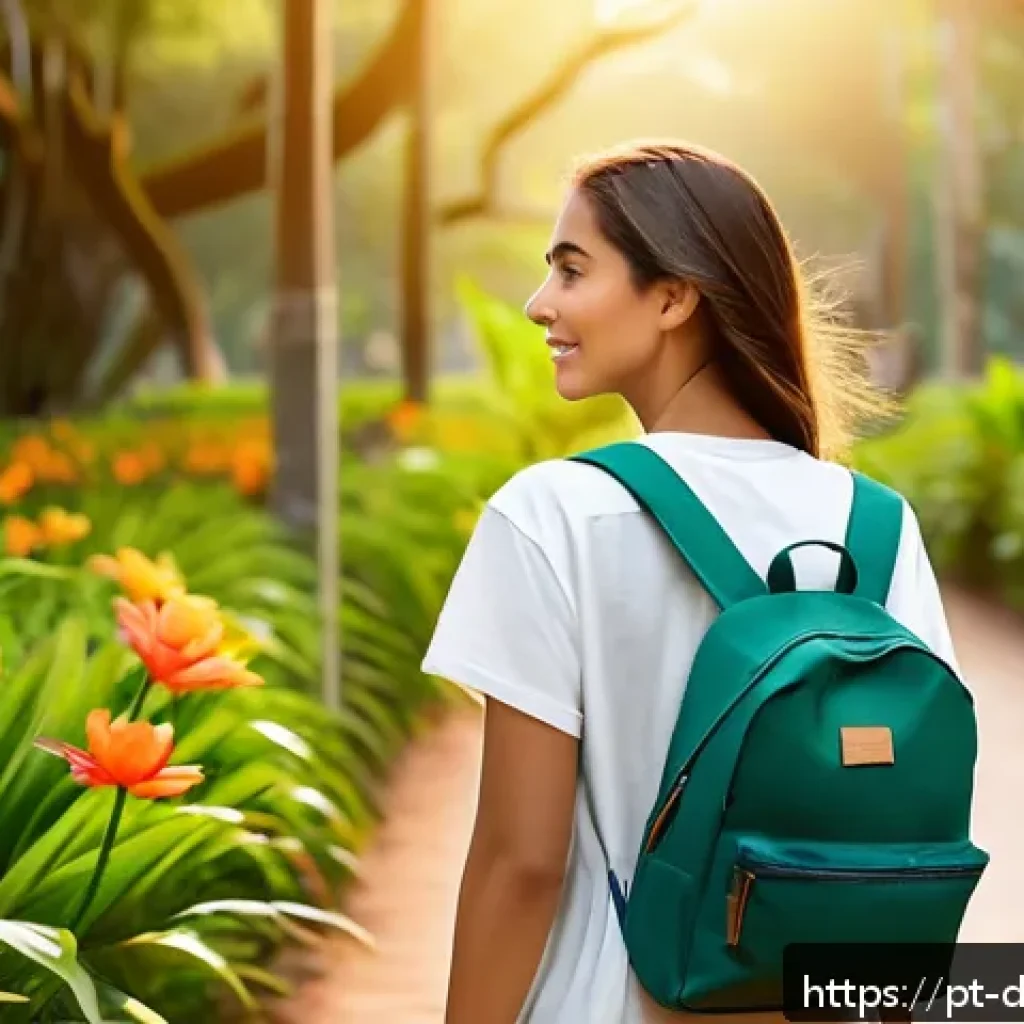 디지털디톡스와 환경적 요인 - A serene scene of a young adult woman taking a peaceful walk through a lush Brazilian park during go...