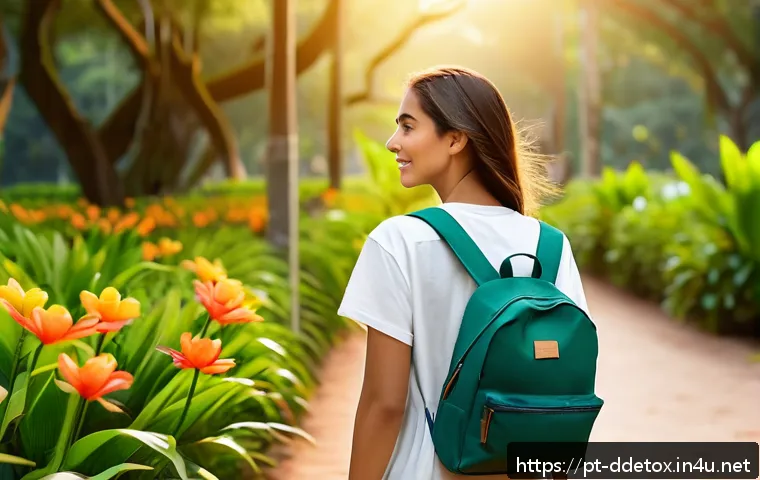 디지털디톡스와 환경적 요인 - A serene scene of a young adult woman taking a peaceful walk through a lush Brazilian park during go...