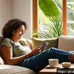 디지털디톡스 스마트폰 끄는 법 - A cozy living room scene featuring a middle-aged Brazilian woman sitting peacefully on a sofa, smart...