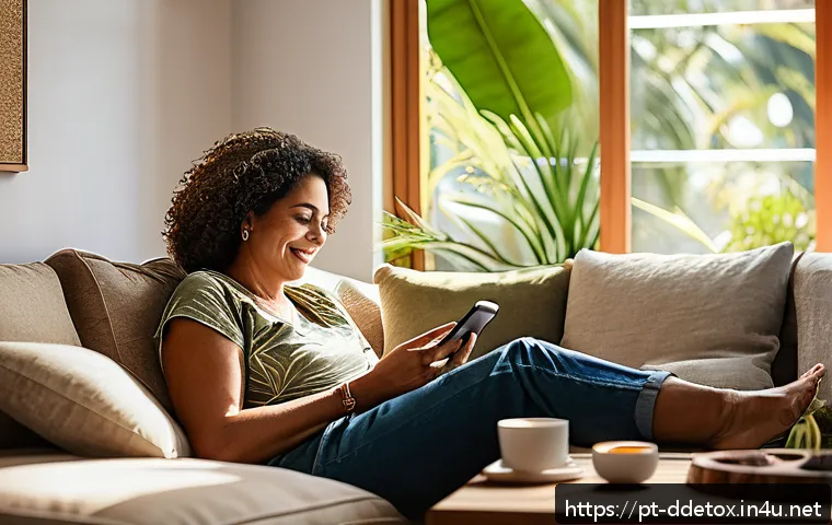 디지털디톡스 스마트폰 끄는 법 - A cozy living room scene featuring a middle-aged Brazilian woman sitting peacefully on a sofa, smart...
