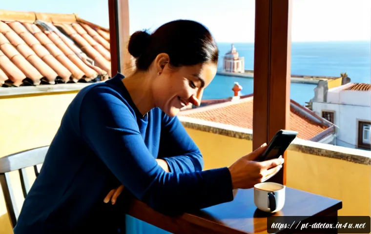 Home 17 디지털디톡스와 행복 찾기 - Photorealistic lifestyle scene in a sunlit Lisbon apartment, a relaxed middle-aged Portuguese woman ...