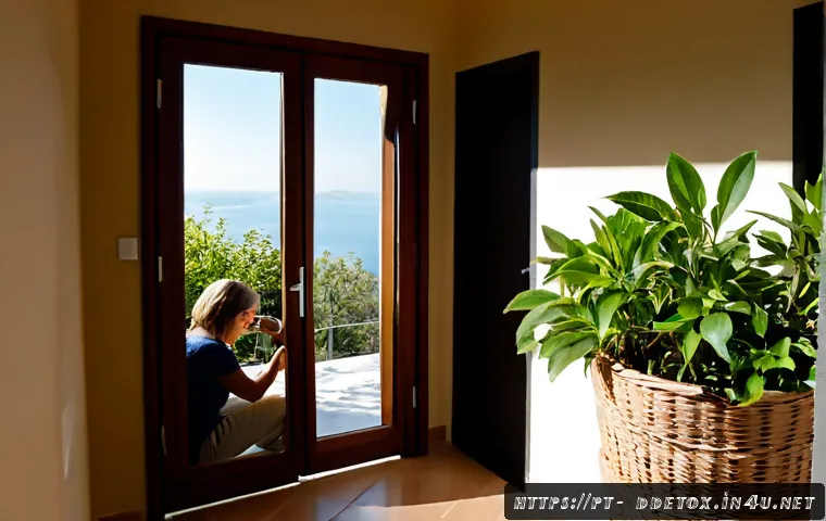디지털디톡스 스트레스 해소 - Photorealistic peaceful digital detox scene in a sunlit Lisbon apartment, a Portuguese middle-aged w...